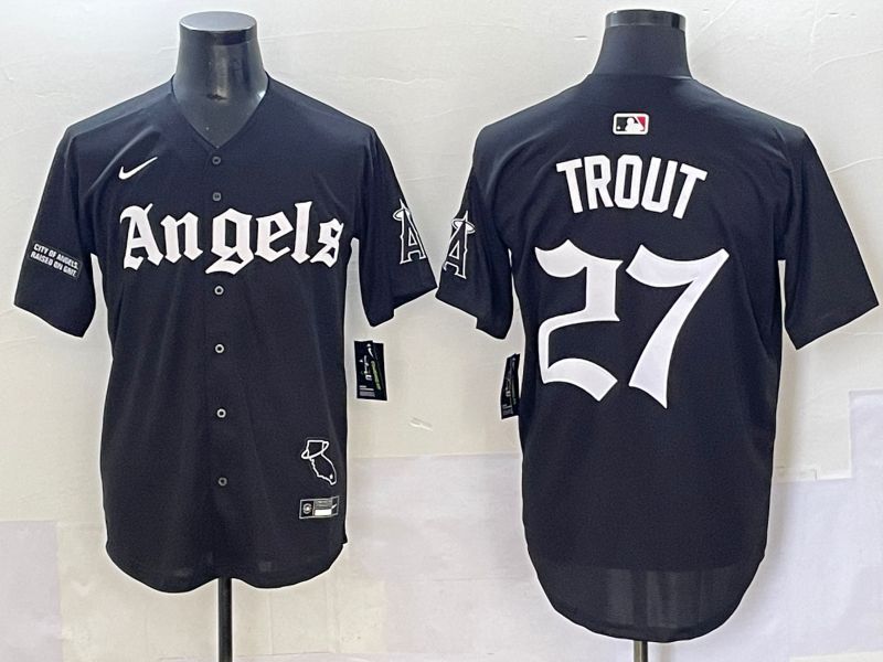 Men 2025 Los Angeles Angels #27 Trout Black Five generations Joint Name Nike MLB Jersey style 18->los angeles angels->MLB Jersey